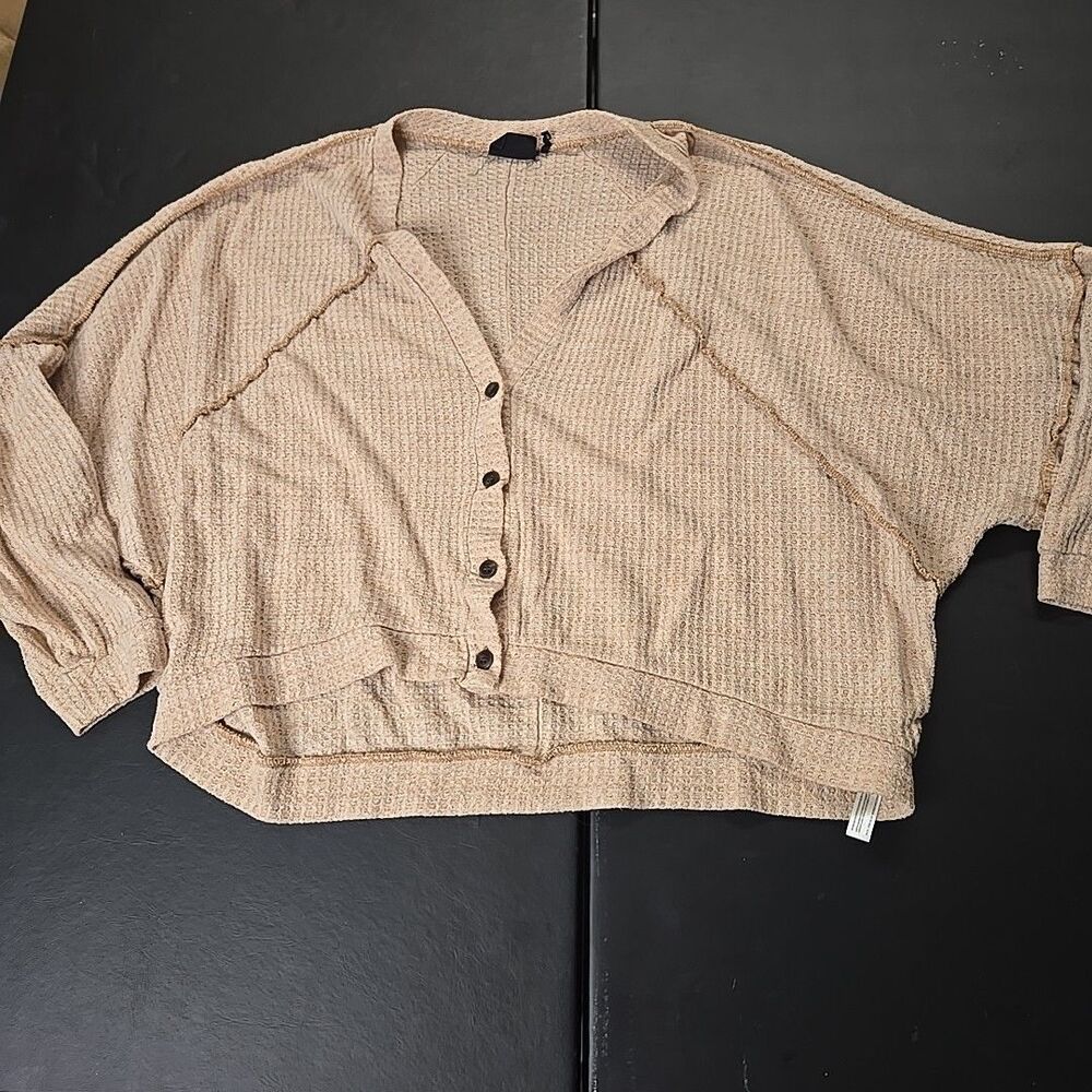 Oversized Pointelle Knit Cardigan Women's Small Brown Cozy Boho Layering Sweater